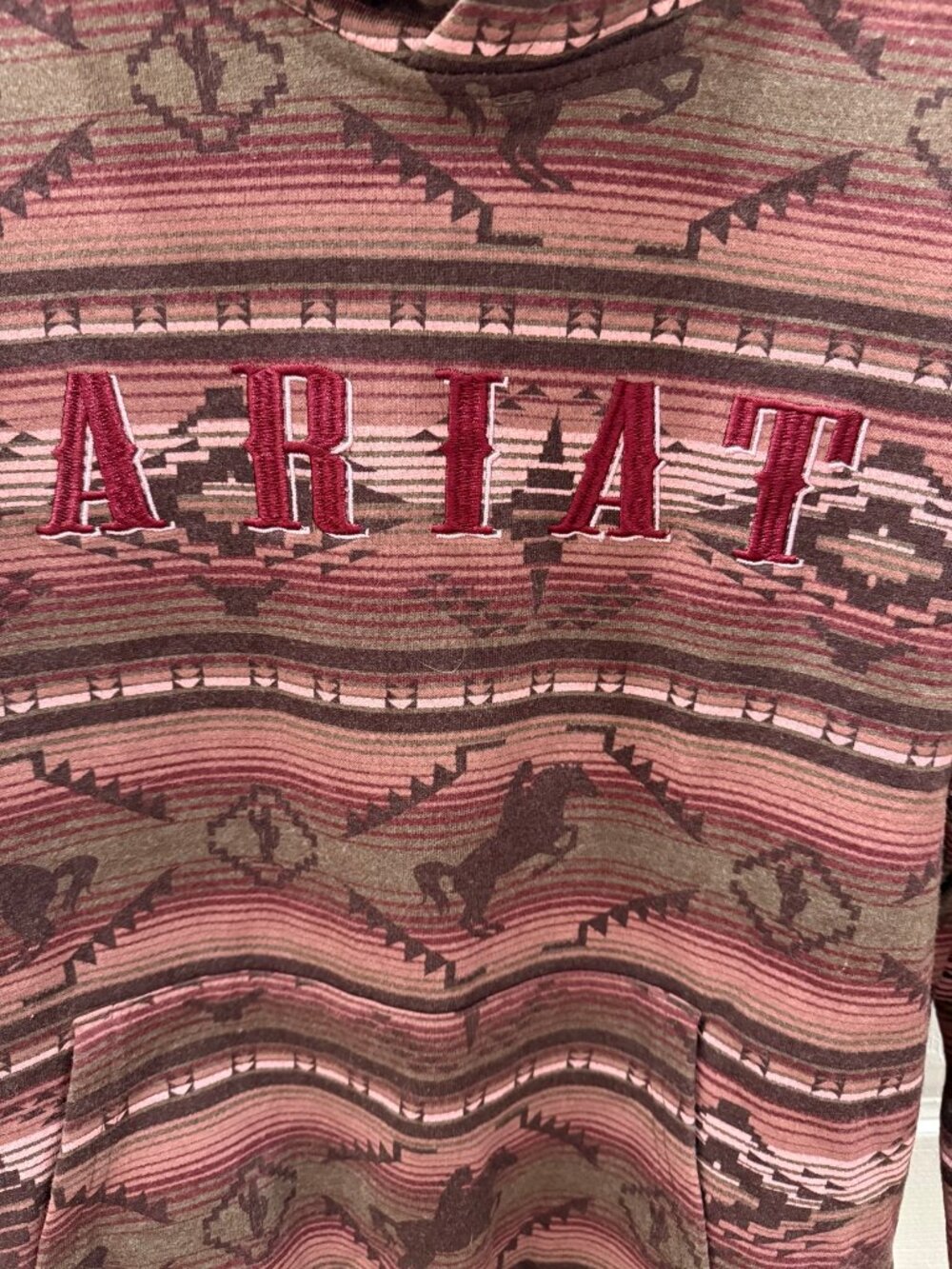 Ariat REAL Allover Print Hood Womens M Brown Western Horse Pullover - Picture 2 of 10